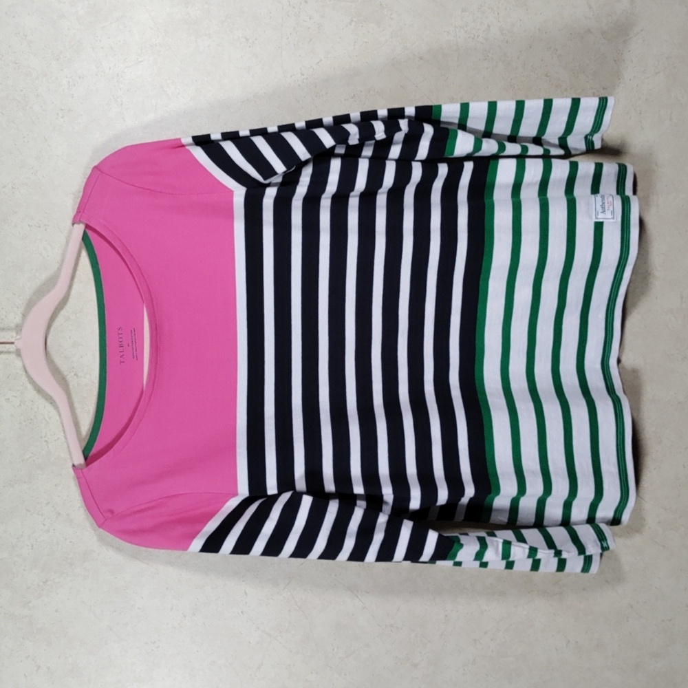 H152 Talbots pink, navy & green striped L/S cotton shirt M